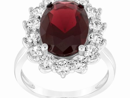 Sterling Silver Rhodium Plated Red Stone And White Cubic Zirconia Ring For Sale