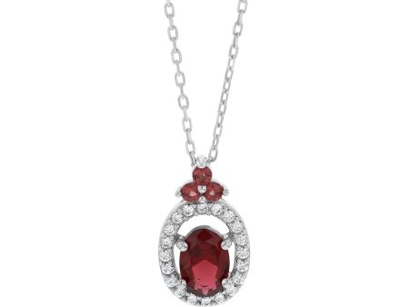 Sterling Silver Rhodium Plated Oval Red Stone White Cubic Zirconia With 45cm Chain Online