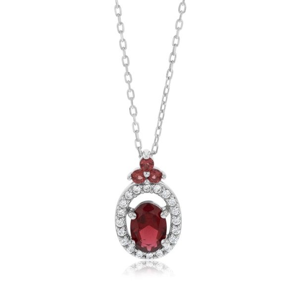 Sterling Silver Rhodium Plated Oval Red Stone White Cubic Zirconia With 45cm Chain Online