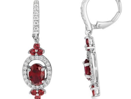 Sterling Silver Rhodium Plated Red Stone White Cubic Zirconia Drop Earrings Online Sale