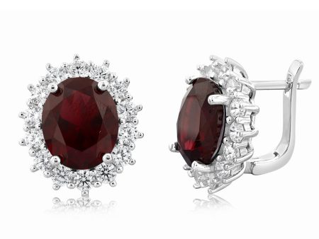 Sterling Silver Rhodium Plated Red Stone And White Cubic Zirconia Studs Earrings For Cheap