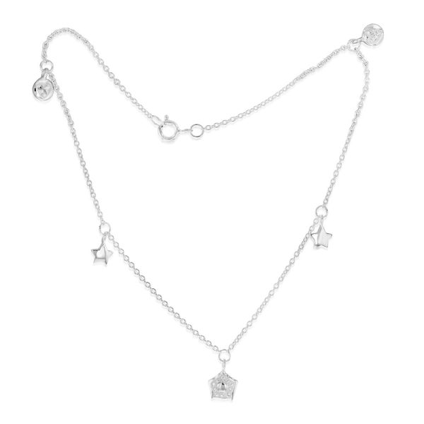 Sterling Silver Cubic Zirconia Leaf And Star Charm 25.4cm Anklet on Sale