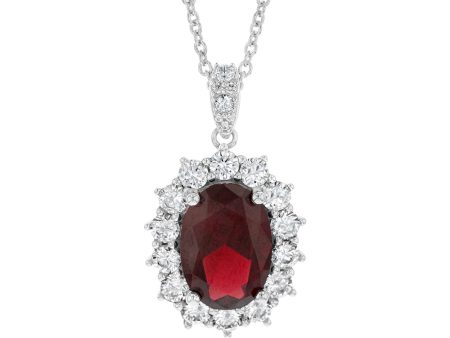 Sterling Silver Rhodium Plated Oval Red Stone Cubic Zirconia Pendant With 45cm Chain For Cheap