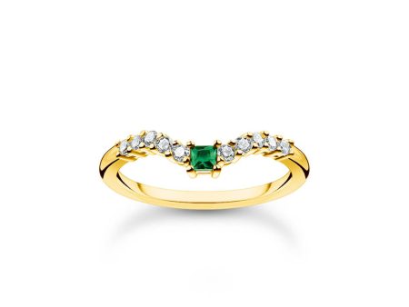 Thomas Sabo Sterling Silver Gold Plated Charm Club Tapered Green CZ  V  Ring Hot on Sale