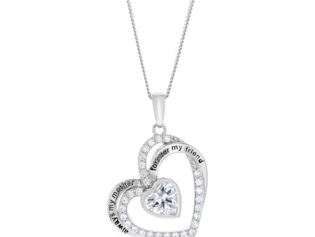 Sterling Silver White Cubic Zirconia And Inscription On Double Heart Pendant Discount