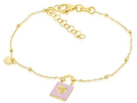 Sterling Silver Yellow Gold Plated Pink Enamel Lock19cm Bracelet Online now