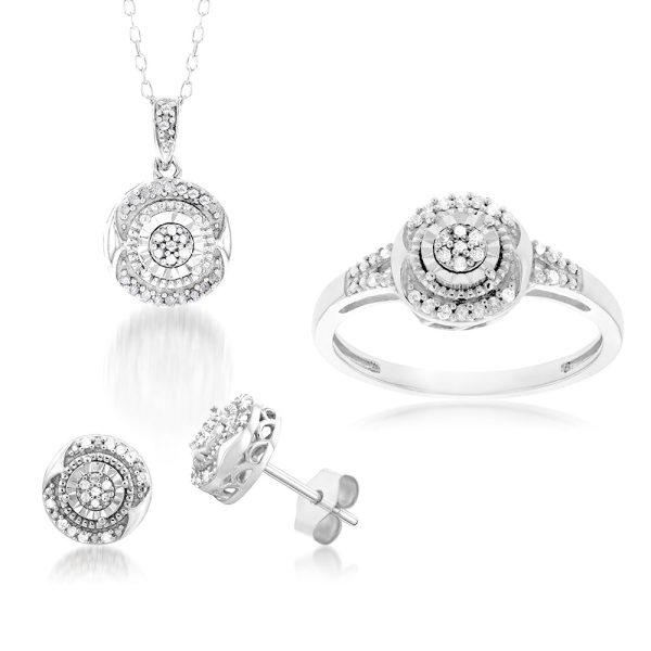 Sterling Silver1 3 Carat Diamond Pendant Earring and Ring Set Chain Included N1 2 Hot on Sale