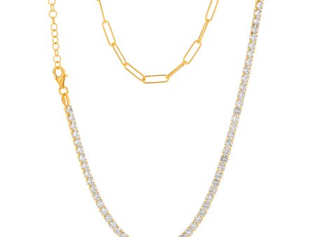 Yellow Gold Plated Sterling Silver CZ String And Paperclip Half N Half 45cm Chain Sale