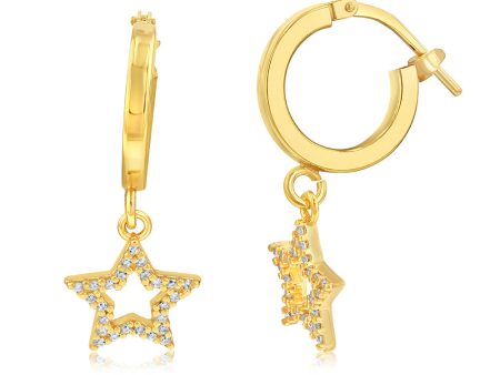 Sterling Silver Yellow Gold Plated Cubic Zirconia Star On Hoop Earrings For Sale