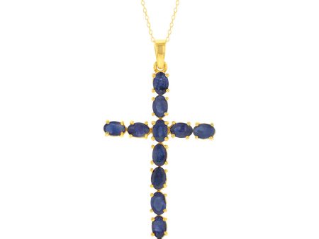 Sterling Silver Yellow Gold Plated 6.00ct Natural Sapphire Cross Pendant on Sale