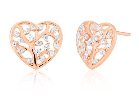 Sterling Silver with Rose Gold Plated Zirconia Tree Of Life Heart Stud Earrings Sale