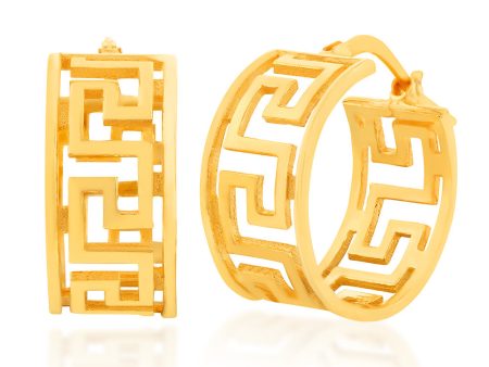 Yellow Gold Plated Greek Pattern Broad Hoop Earrings on Sale