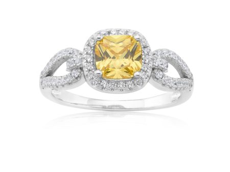 Sterling Silver Yellow Cushion Cut and White Round Zirconia Ring Discount