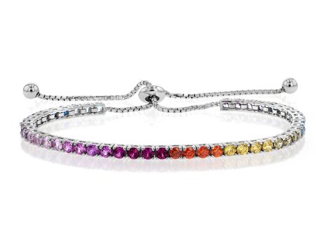 Sterling Silver Rhodium Plated Rainbow Multicolour Cubic Zirconia Adjustable Bracelet Online now