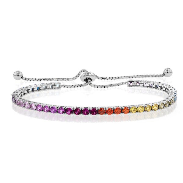 Sterling Silver Rhodium Plated Rainbow Multicolour Cubic Zirconia Adjustable Bracelet Online now