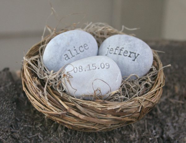 Personalized wedding gift for couple - Love Nest- engraved stones with names and date in bird nest Online Sale