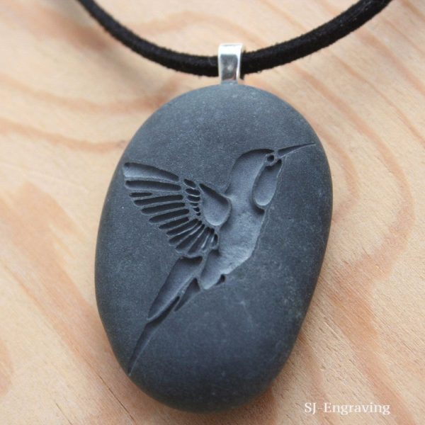 Hummingbird necklace -  Hand engraved beach stone necklace - Tiny PebbleGlyph Pendant Cheap