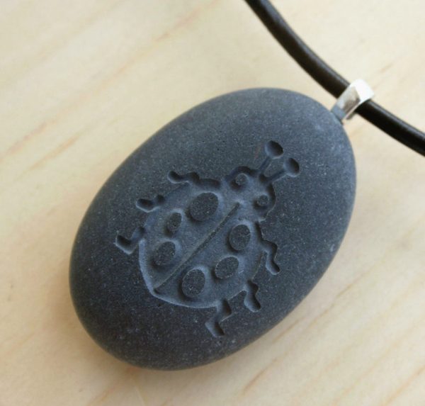 Ladybug pendant with cord - Tiny PebbleGlyph (C) - Engraved beach stone necklace Online now