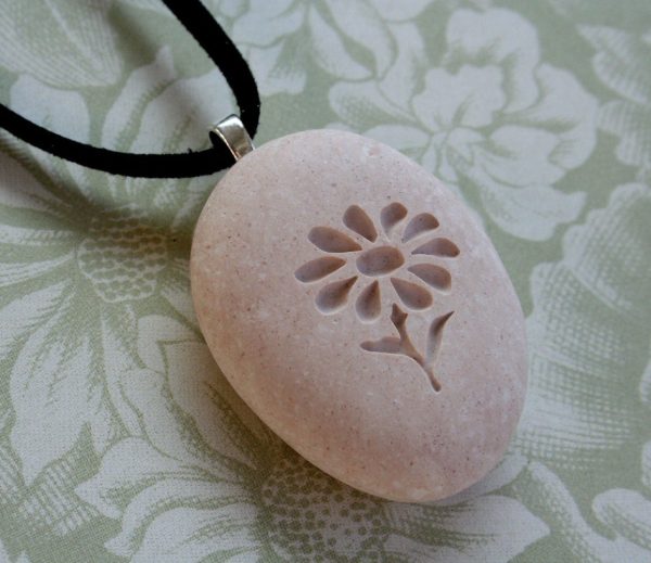 Wild Flower Pendant with cord - Tiny PebbleGlyph(c) Pendent - engraved pebble necklace Cheap