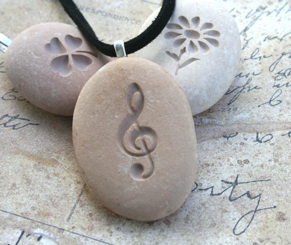 The G-clef - Tiny PebbleGlyph (C) Pendent - engraved pebble necklace for music lover Online now