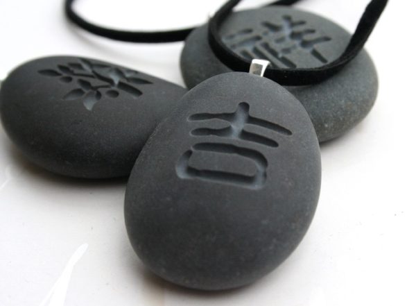 Lucky charm - Japanese Kanji Lucky pendant - Tiny Pebbleglyph (c) Pendant - engraved stone necklace Online now