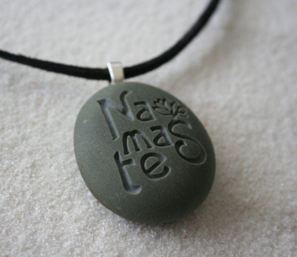 Namaste necklace - Engraved beach stone Tiny PebbleGlyph(c) Pendent For Sale