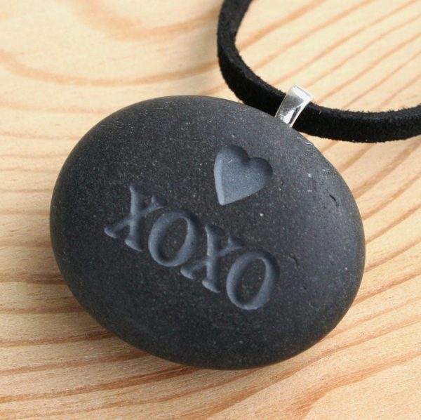 Hugs and Kisses Necklace- XOXO pendant - Tiny PebbleGlyph (C) - engraved pebble jewelry Fashion