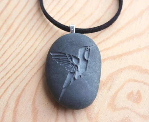 Hummingbird necklace -  Hand engraved beach stone necklace - Tiny PebbleGlyph Pendant Cheap