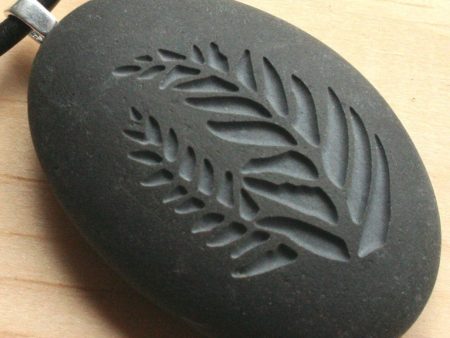 Love for Nature - Ferns pendant with cord - Tiny PebbleGlyph (C) - Carved beach stone necklace on Sale