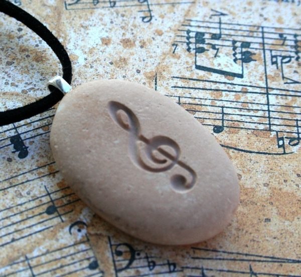 The G-clef - Tiny PebbleGlyph (C) Pendent - engraved pebble necklace for music lover Online now