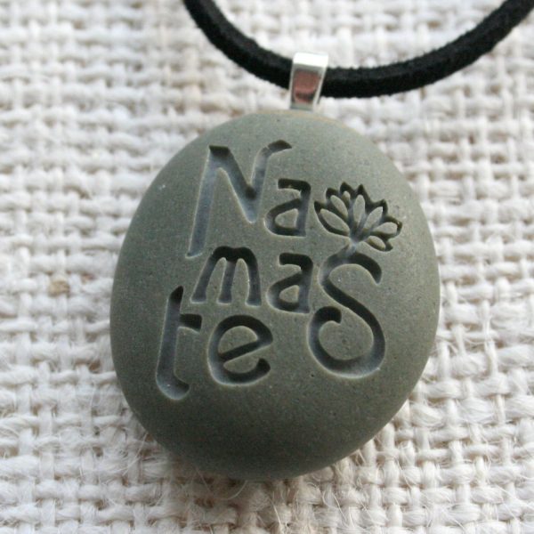 Namaste necklace - Engraved beach stone Tiny PebbleGlyph(c) Pendent For Sale