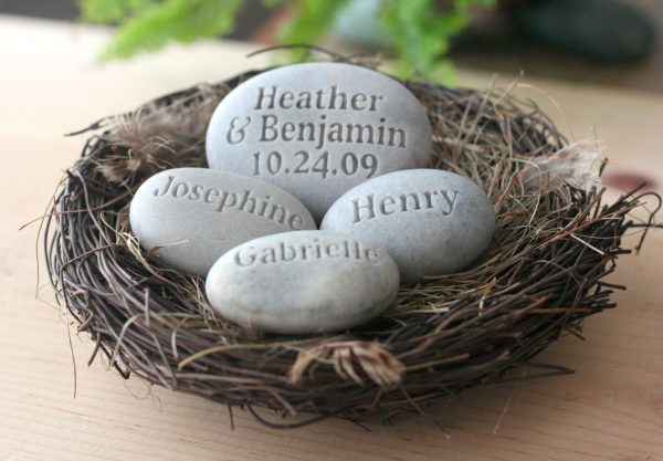 Family Nest ~ Housewarming, Anniversary gift - set of 4 personalized name stones in bird nest Discount