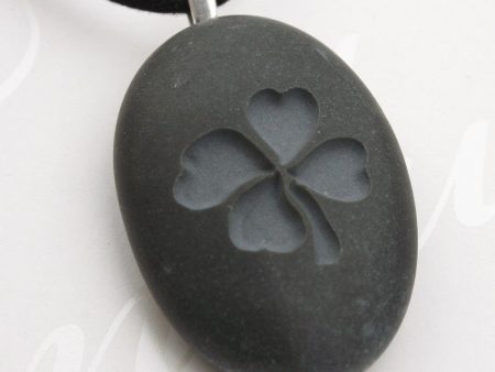 Four-leaf clover pendant - Tiny PebbleGlyph (C) - Engraved beach stone necklace Fashion