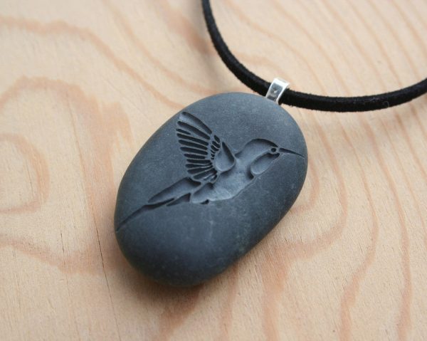 Hummingbird necklace -  Hand engraved beach stone necklace - Tiny PebbleGlyph Pendant Cheap